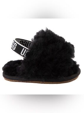 UGG Kids Black Fuzzy Slide Sandals with Logo Elastic Strap Sz 6